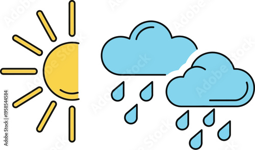 Simple graphic icon illustrating a transition between bright sunshine and sudden heavy rain showers