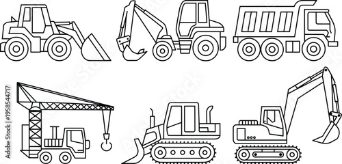 Construction equipment and machinery, diggers, cement mixers, cranes, loaders, excavators, heavy duty vehicles, industrial construction tools, site machinery.
