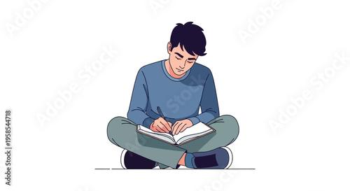 A young man sits cross legged deeply engrossed in writing within an open notebook silhouette high quality professional detailed modern elegant stylish