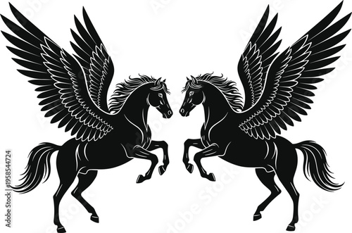 Pegasus winged horse vector silhouettes, rearing mythical stallion pair