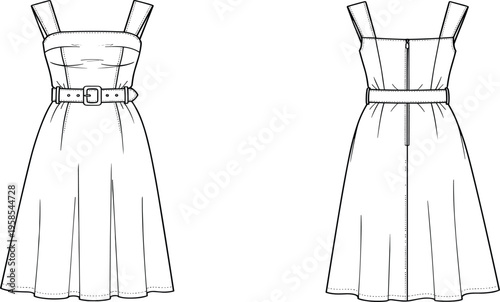 Technical fashion illustration of a women's sleeveless midi dress featuring wide shoulder straps, square neckline, belted waist, and flared skirt