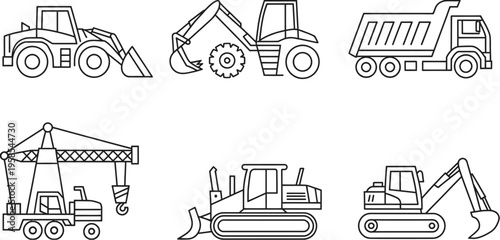 Construction equipment and machinery, diggers, cement mixers, cranes, loaders, excavators, heavy duty vehicles, industrial construction tools, site machinery.