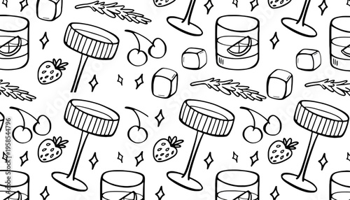 Cocktail seamless pattern with martini glasses and fruit illustrations