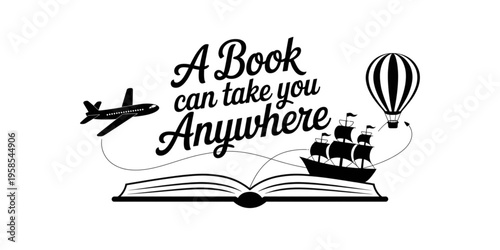 A minimalist vector graphic illustration of an open book with a plane, ship, and hot air balloon, symbolizing adventure and travel on transparent background