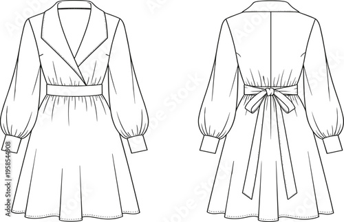 Technical fashion illustration of a women's wrap dress with shawl collar, long puff sleeves, elasticated waist, and self-tie bow back
