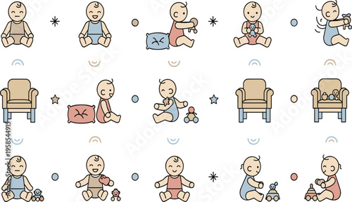 Cute baby daily routine vector illustration set with infants sitting, playing, resting, and interacting with toys in cozy nursery lifestyle scenes.