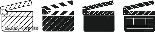 Set of vector movie clapperboard icons in flat and line art styles for cinema production, film industry, and video editing