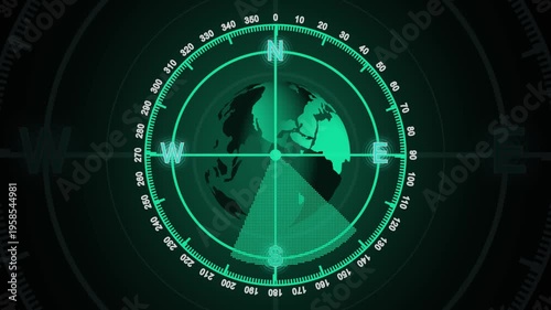 Green Radar Screen with Earth Globe, Compass Rose, and 360 Degree Scale display technology animated