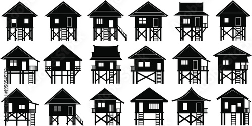 Traditional wooden stilt house silhouette icons set of vernacular architecture from Southeast Asia for village design cad drawing flat vector illustration isolated