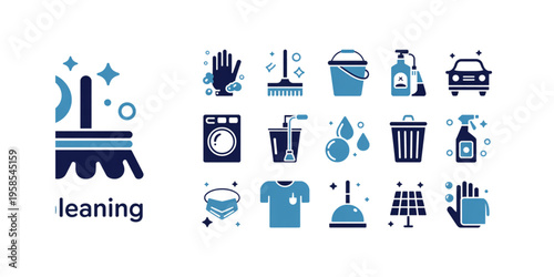 A set of blue and dark blue cleaning icons on transparent background