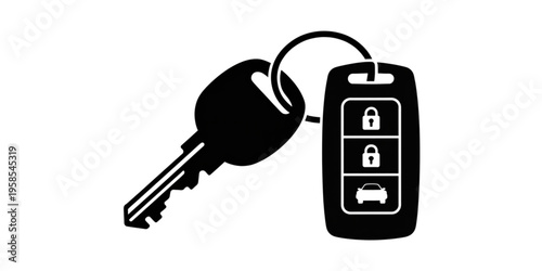 A minimalist vector graphic of a car key and remote key fob on transparent background