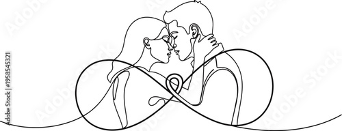 Continuous line art illustration of a loving couple embracing and about to kiss, their intertwined figures forming an elegant infinity symbol of eternal love.