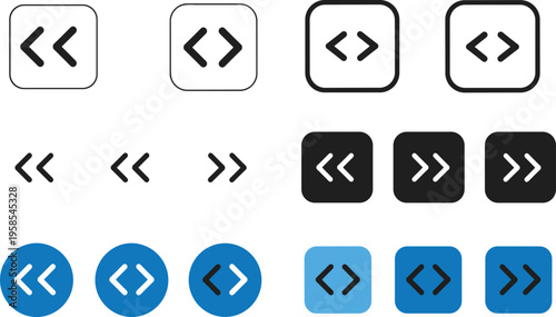 Vector double arrow and chevron icon set in square and circle buttons for web navigation, fast forward, and interface control