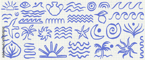 Hand drawn doodle beach and summer boho vector illustrations. Ethnic naive coastal elements. Palm trees, waves, starfish, vessel, bird and sun zigzag ornament. T-shirt, poster and placard design print
