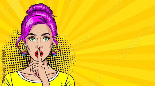 Pop Art Woman with Purple Hair Making Shhh Silence Gesture - Retro Comic Book Style Illustration on Yellow Sunburst Background