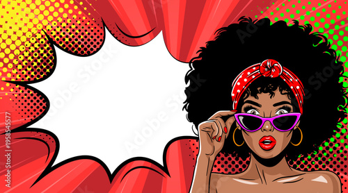 Pop Art African American Woman with Afro Hair and Purple Sunglasses Adjusting Eyewear - Retro Comic Book Style Illustration with Red Speech Bubble