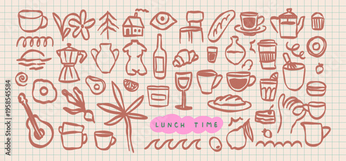 Vector cafe, coffee or bakery summer sticker and badge design element. Hand drawn boho doodle sketch icons and naive design symbols for coffee shops, bakery and cafe branding, menus, banner or poster.