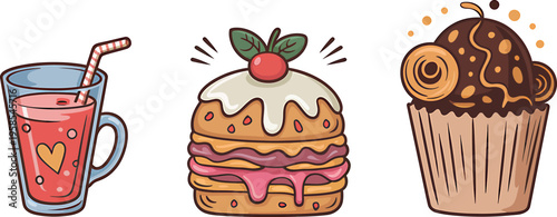 Sweet desserts and juice drink. flat cartoon style, cute bakery and beverage set. Vector illustration