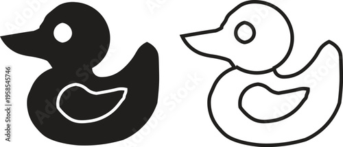 Two simple black and white rubber duck icons, one solid and one outlined, representing bath toys.