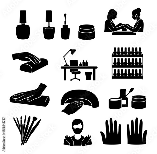 Nail Salon Scenes and Products Silhouette Set Manicure Beauty Icons