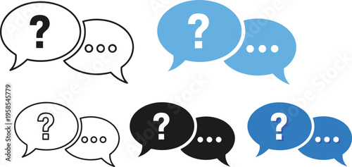 Vector speech bubble icons with question marks and ellipsis symbols for FAQ support, online chat, message communication, and help center interface