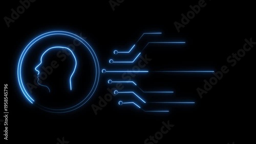 Neon Blue Human Head Silhouette Connected to Digital Circuitry artificial intelligence animated
