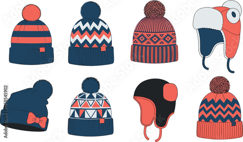 Winter headwear collection set with beanie hats and trapper earflap caps featuring pom poms chevron patterns and decorative bows cad drawing flat vector illustration