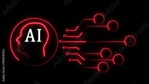 Neon Red AI Human Head Silhouette Linked to Digital Circuitry artificial intelligence animated
