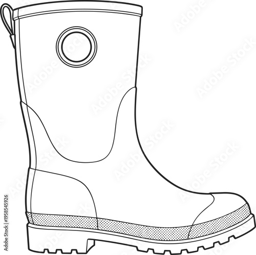 Technical fashion sketch of waterproof rubber rain boot side view, vector footwear template, protective outdoor work shoe design, clothing,
