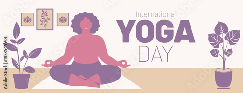 International yoga day banner with a plus-size woman meditating in a tranquil setting, promoting body positivity and wellness for social media cover, website header template design
