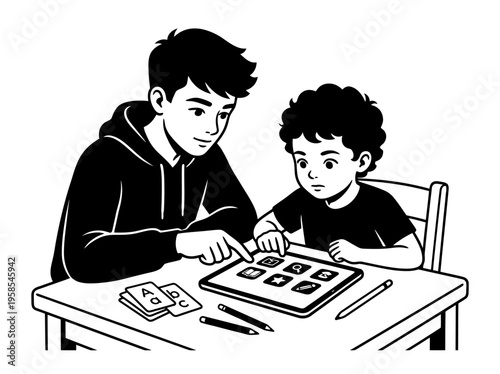 Friends creating puppet theater craft with cardboard and scissors