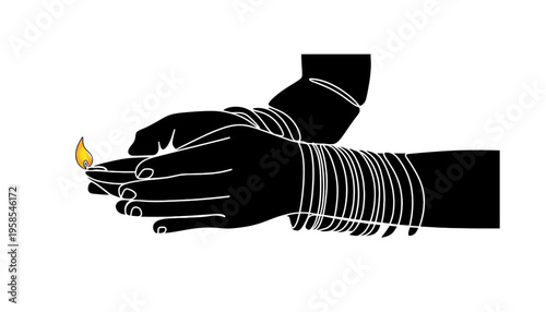 A hand silhouette holding a flame with white line art and bracelets