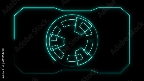 Futuristic Neon HUD Element with Circular Geometric Pattern on animated Black Background abstract