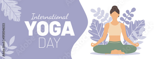 International yoga day illustration with a woman in a meditative pose against a soft lilac background, surrounded by leaves for social media cover, banner website header template design