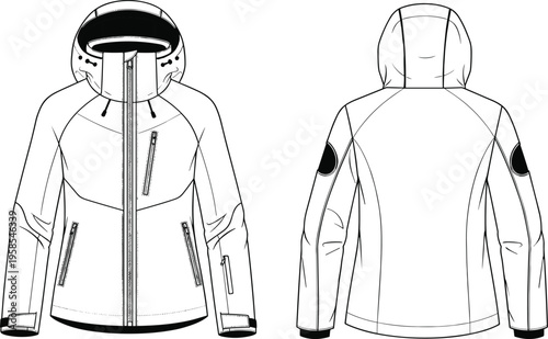 Technical fashion sketch of women hooded winter jacket flat lay, vector apparel template, waterproof outdoor coat, front and back view,