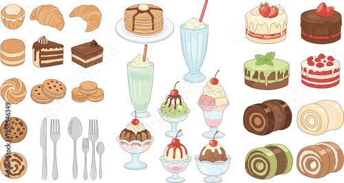 Dessert and pastry illustration set featuring cakes, ice cream sundaes, milkshakes, cookies, and bakery sweets in colorful flat vector style
