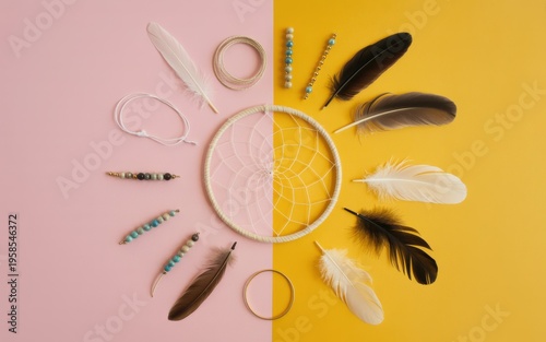 Dreamcatcher with feathers and beads on pink and yellow background