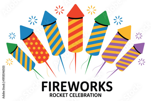 Colorful array of celebration fireworks rockets ready to launch against clear sky background