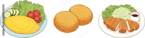 Japanese food illustration set featuring tonkatsu, croquettes, omelette rice, and fresh salad dishes in colorful flat vector style