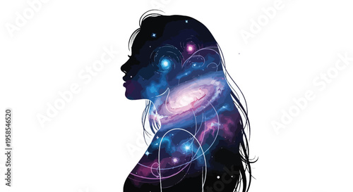 Female profile silhouette with a vibrant cosmic galaxy of swirling nebulas and brilliant stars representing profound inner thoughts.