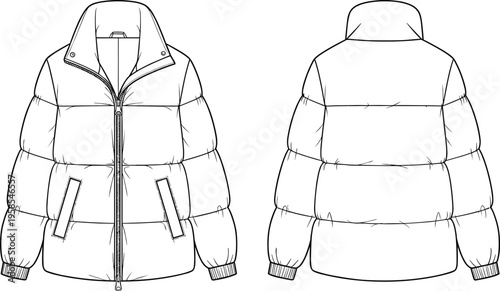 Technical fashion sketch of women puffer winter jacket flat lay, vector apparel template, insulated outdoor coat design, front back view,
