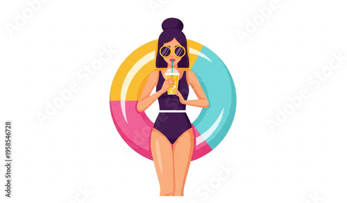 Stylish woman on inflatable pool ring drinking cold beverage summer recreation vector isolated on white background