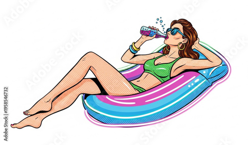 Pop art summer party woman on neon inflatable float drinking soda vector illustration isolated on white background