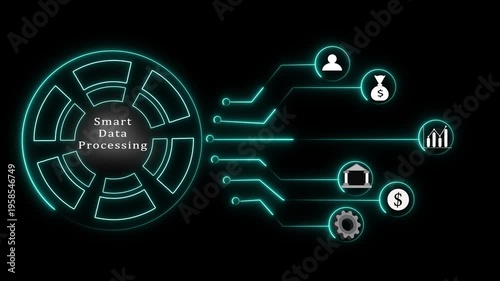 Smart Data Processing Concept with Icons for Finance and People on Neon Circuit animated Background