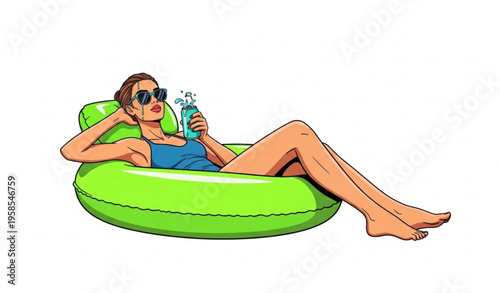 Pop art young woman relaxing on inflatable pool float with soda summer lifestyle vector illustration isolated on white background
