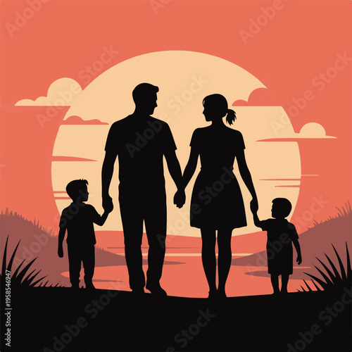 Happy Family Silhouette Walking at Sunset: Parents and Children Holding Hands in Nature Vector Illustration