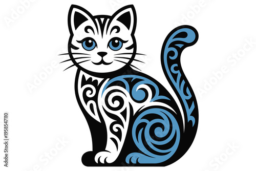 Ornate sitting cat illustration with decorative swirl patterns and blue eyes isolated on transparent background for coloring or tattoo art