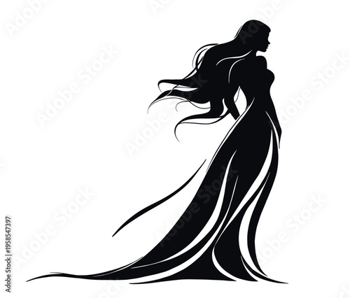 Vector silhouette of an elegant woman with long flowing hair and a dramatic evening gown. Stylish fashion illustration suitable for luxury branding, posters and event design