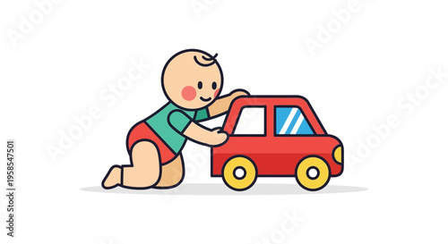 A young child playfully pushes a vibrant red toy car exhibiting childlike joy and simple design silhouette high quality professional detailed