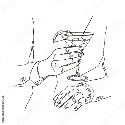 Continuous line art illustration of a man holding a cocktail while sitting at a table. Minimal black and white outline drawing representing nightlife, relaxation, elegant lifestyle